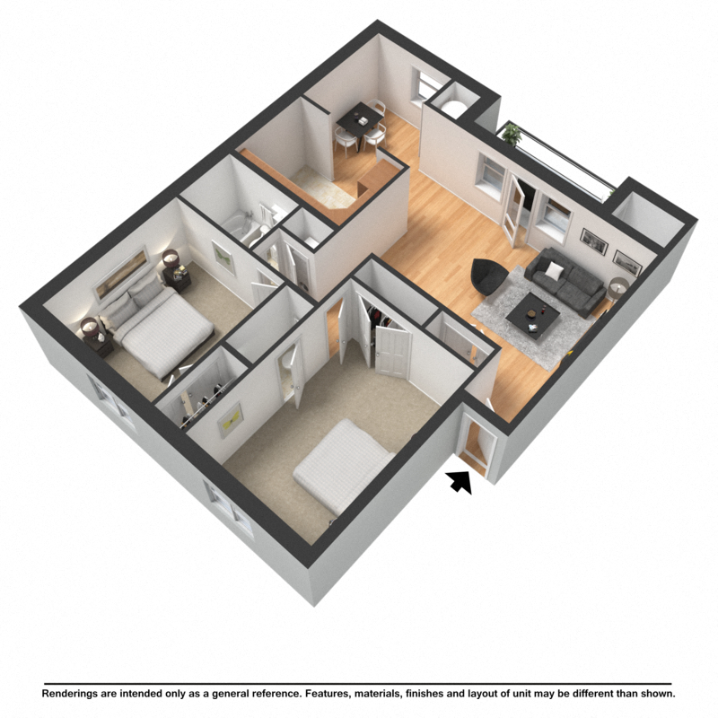 Floor plan for 2 beds, 1.5 baths, 844 sqft